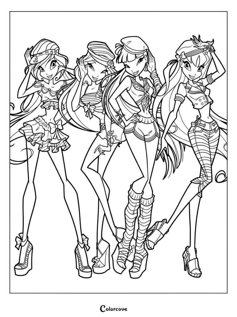 Página para colorear de Winx Club con Bloom, Flora, Musa y Stella vestidas con sus atuendos casuales estilo marinero de la Temporada 5