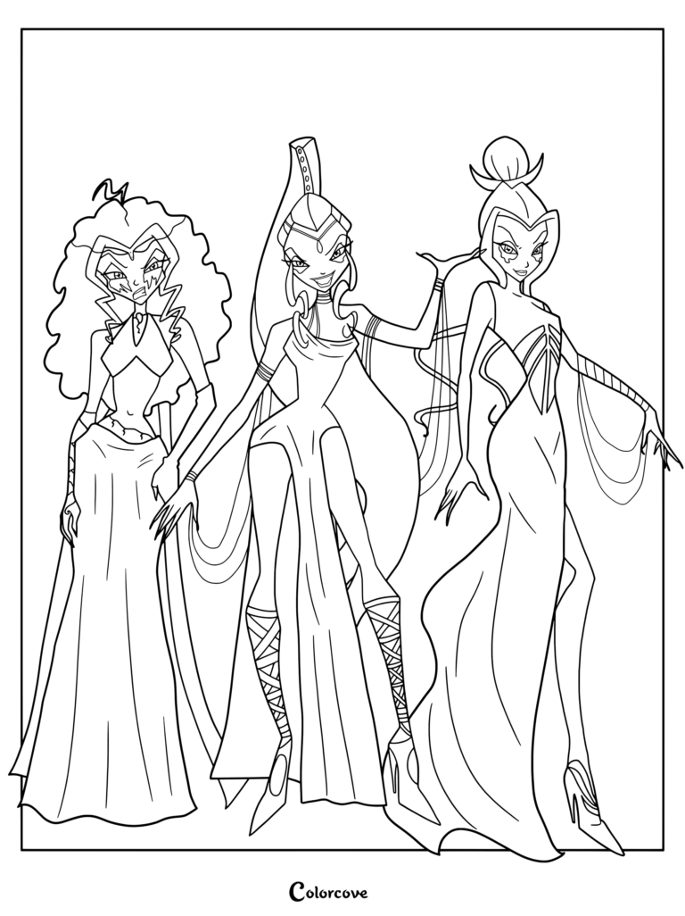 Página para colorear con el diseño conceptual de Las Trix (Stormy, Icy y Darcy) de Winx Club en su transformación oscura Disenchantix