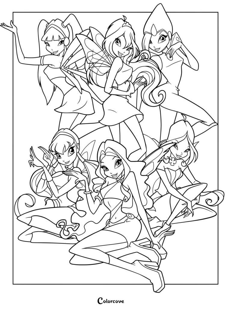 Página para colorear del grupo principal de hadas de la serie animada Winx Club en sus clásicos trajes de transformación Magic Winx