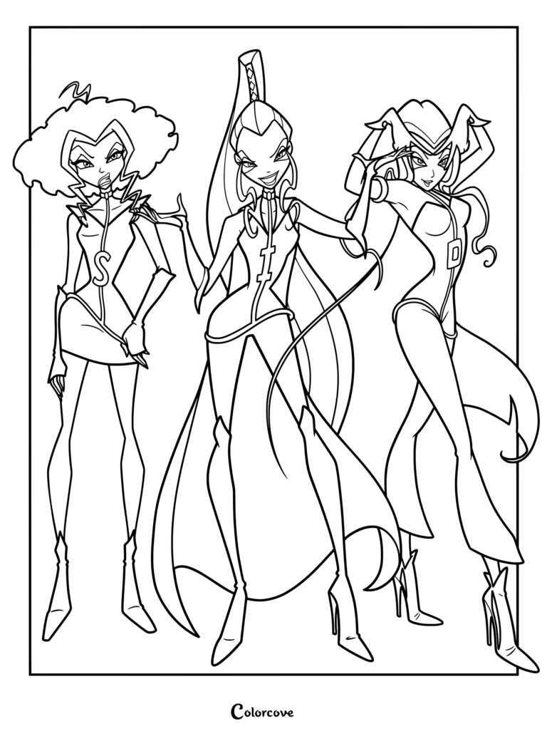 Página para colorear de Stormy, Icy y Darcy de Winx Club en sus atuendos de bruja de Torre de Nube