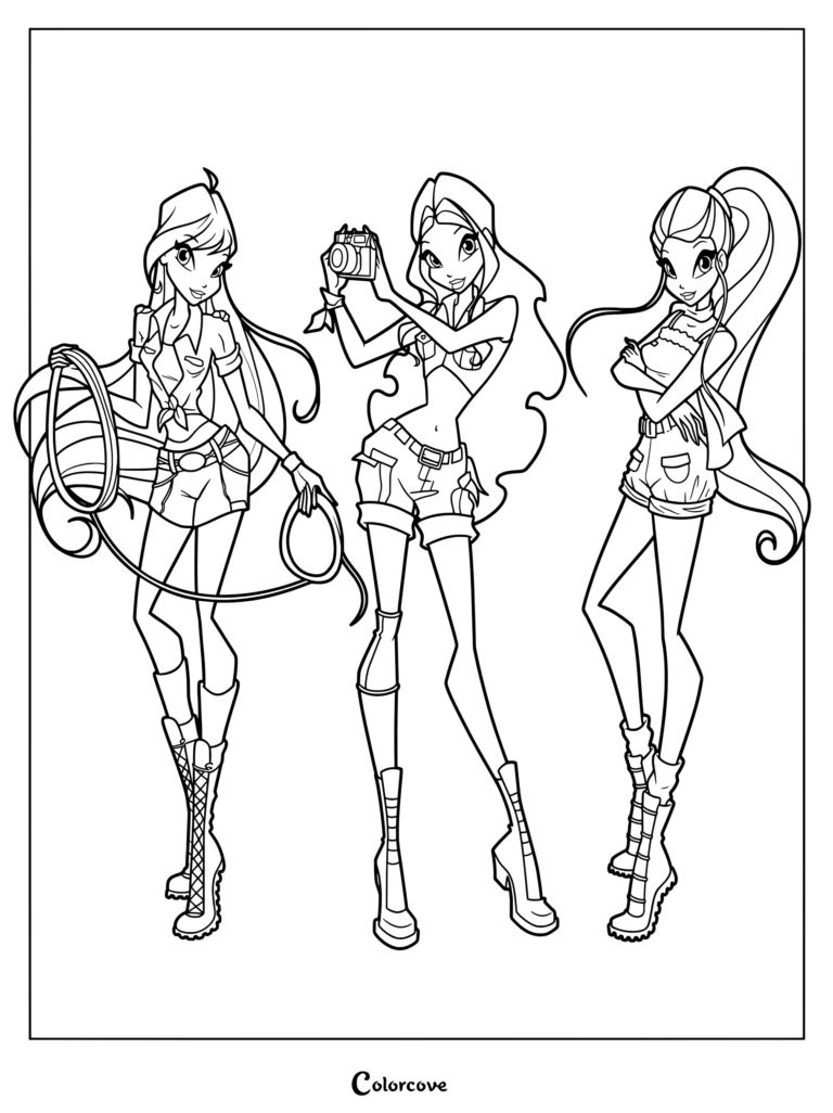 Página para colorear de Winx Club con Bloom, Aisha y Stella usando trajes de safari de exploradora caqui a juego de la Temporada 2
