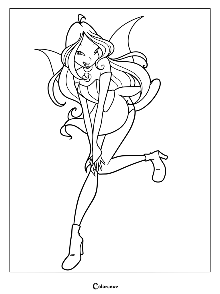 Dibujo para colorear que muestra a Flora de Winx Club con su clásico atuendo de transformación de hada base Magic Winx
