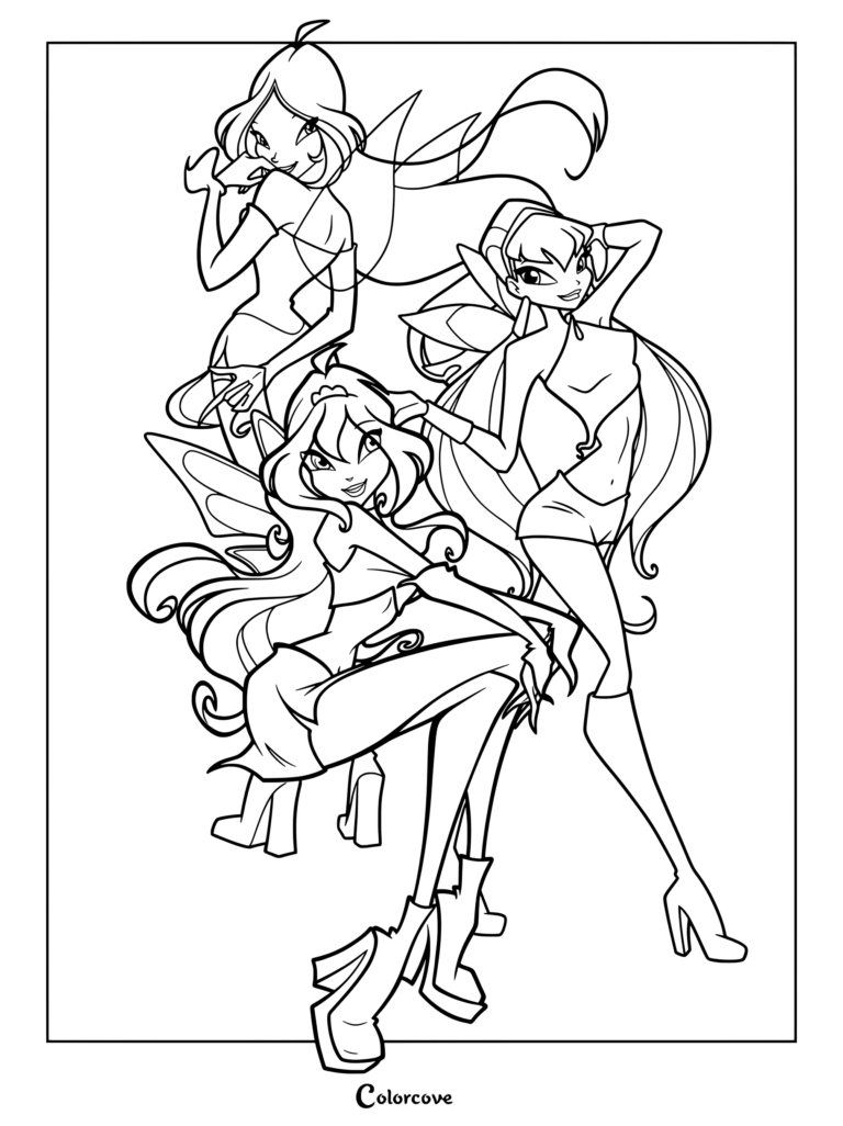 Página para colorear de Bloom, Stella y Flora con sus clásicos trajes de transformación Magic Winx de la Temporada 1