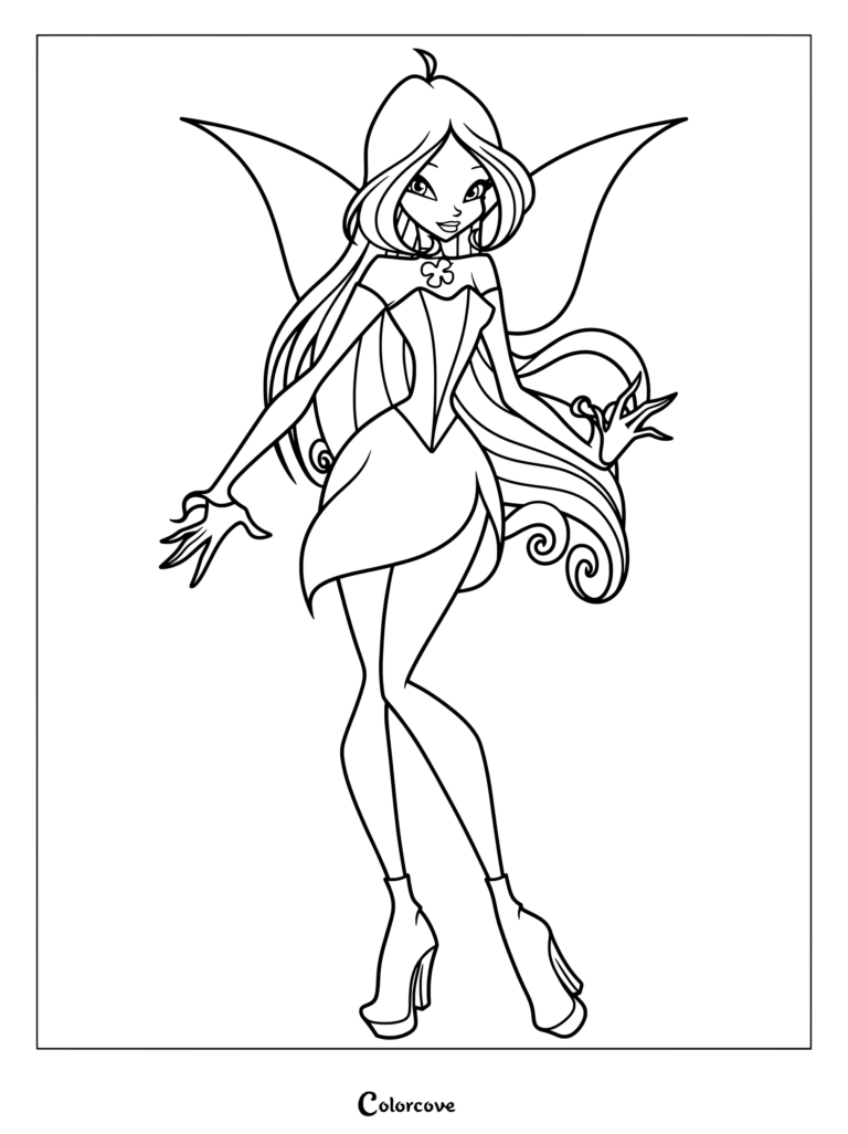 Dibujo para colorear de Flora de la serie animada Winx Club con su atuendo habitual de transformación Magic Winx