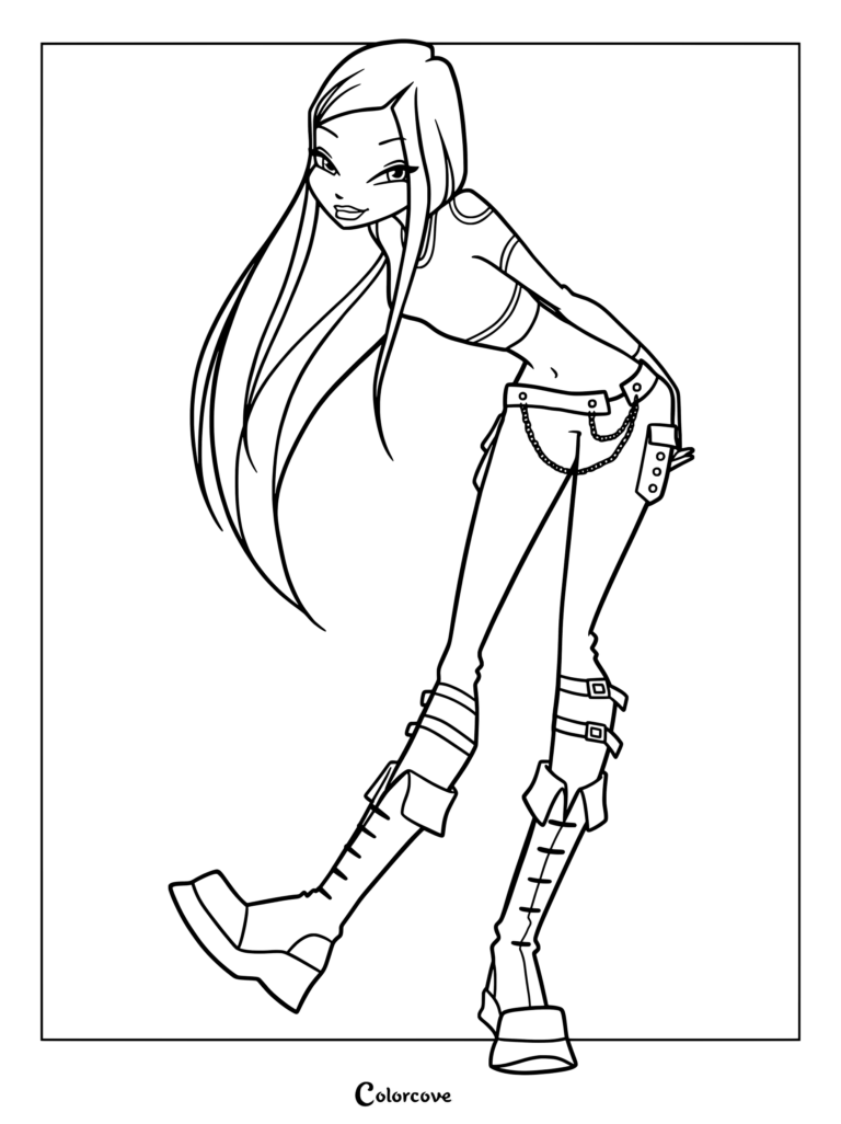 Dibujo para colorear en arte de líneas de Roxy, el Hada de los Animales y séptima integrante recurrente de la serie animada Winx Club, vistiendo ropa casual.