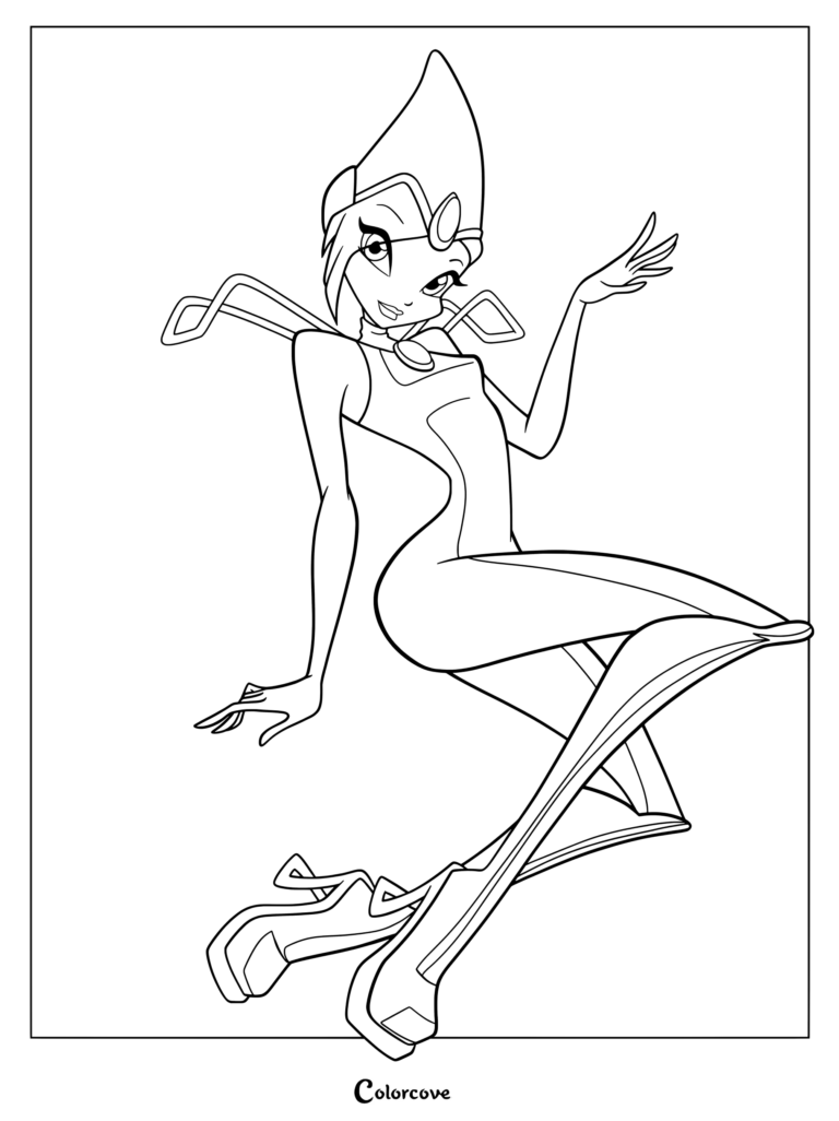 Dibujo para colorear de Tecna, el Hada de la Tecnología, con su icónico atuendo Magic Winx Charmix