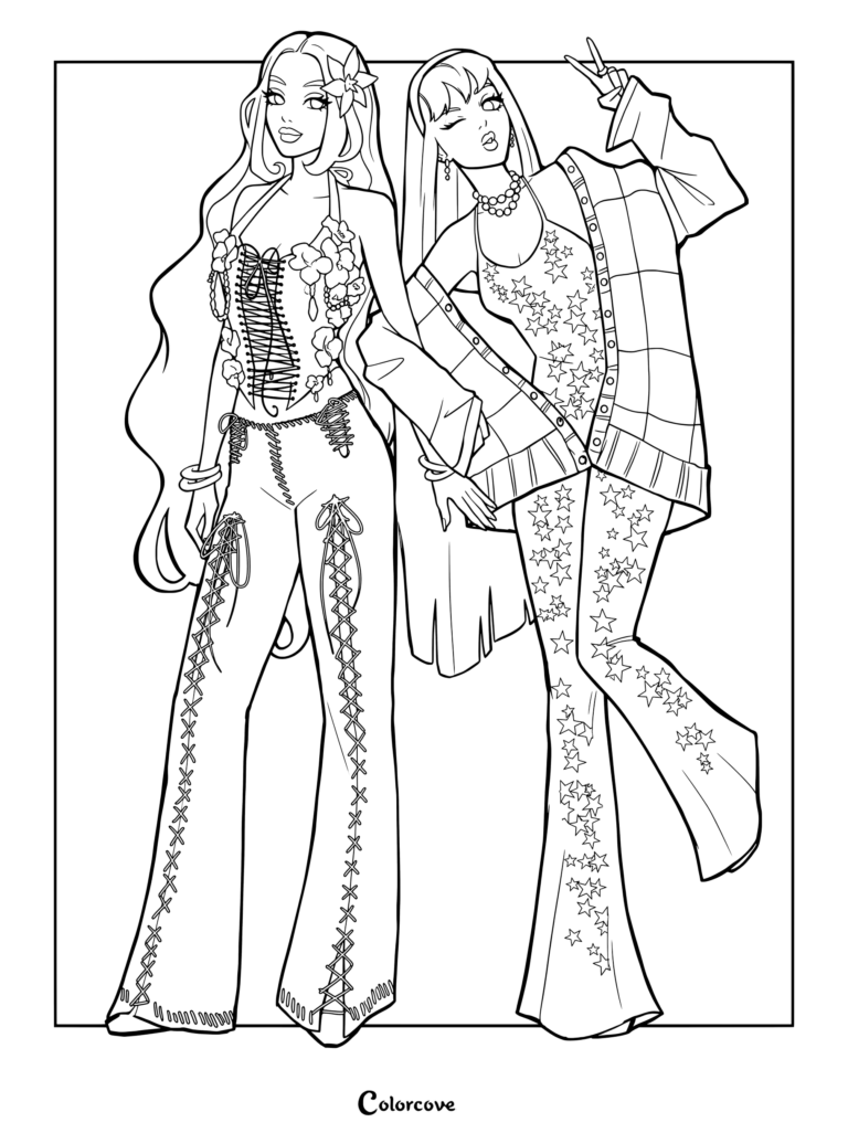 Página para colorear de Flora y Stella de Winx Club en ropa urbana inspirada en el estilo Y2K