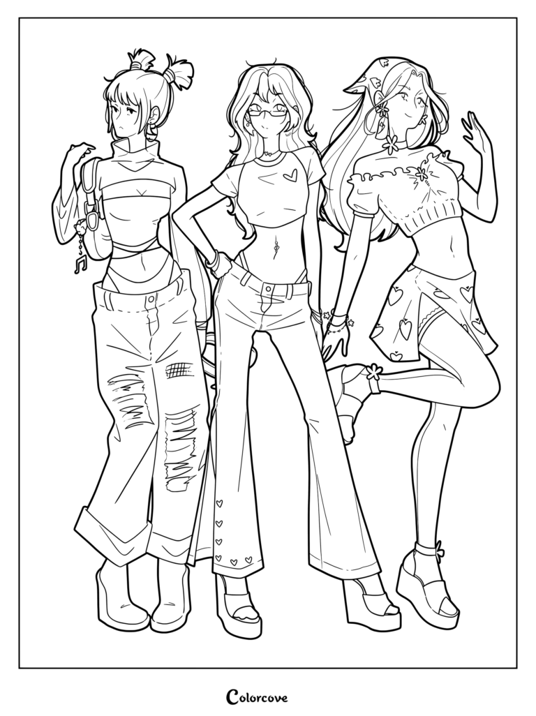 Página para colorear de Winx Club con rediseños casuales estilo Y2K de los años 2000 de Musa, Bloom y Stella con ropa a la moda