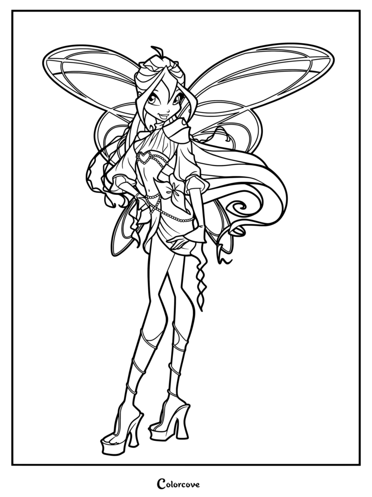 Dibujo para colorear de Bloom en su transformación Sophix de la serie animada Winx Club, con alas de hada y atuendo detallados