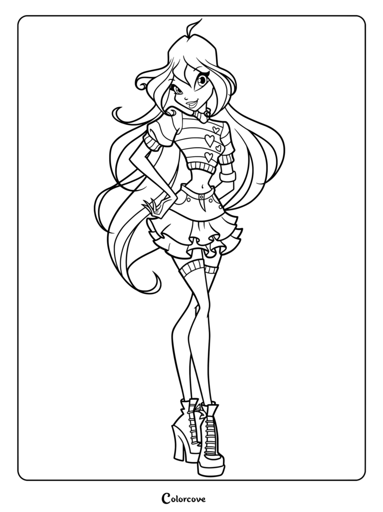 Dibujo para colorear imprimible de Bloom, el Hada de la Llama del Dragón de Winx Club, con su icónico atuendo casual de la Temporada 3.
