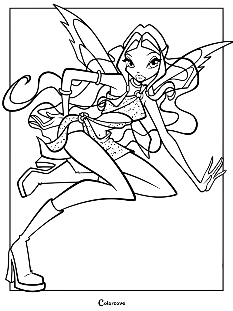Dibujo para colorear de Aisha / Layla, la Princesa de Andros y Hada de las Olas, con su icónico atuendo verde inicial de Magic Winx (hada base) de la Temporada 2