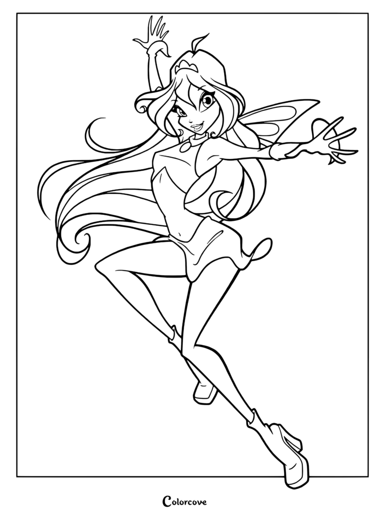 Página para colorear de Bloom, la protagonista y líder de la serie Winx Club, en su forma de hada base clásica Magic Winx