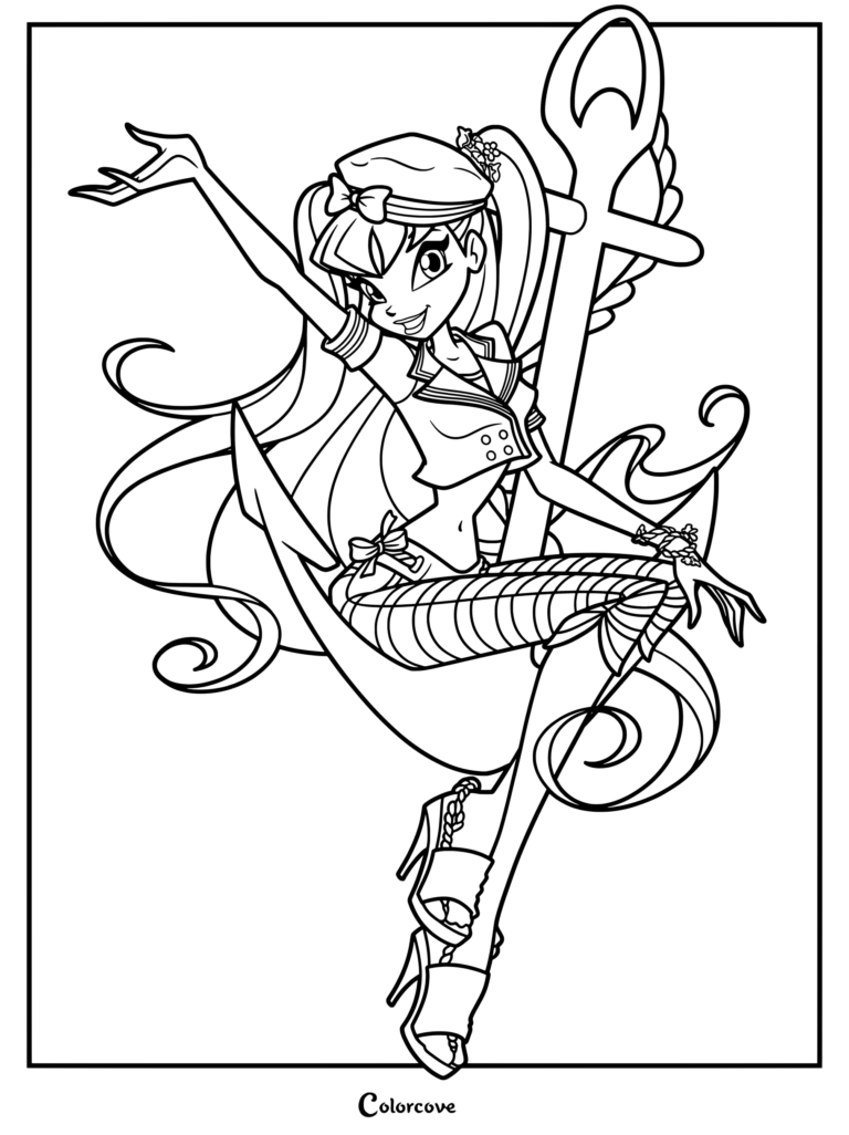 Dibujo para colorear imprimible de Stella de Winx Club con su ropa casual de estilo marinero de la Temporada 5 posando sobre un ancla decorativa