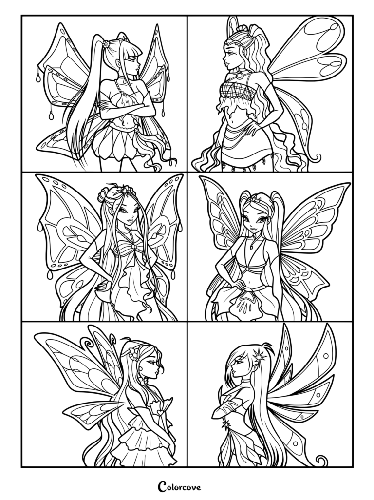 Página para colorear de fan art estilizado de las hadas principales de la serie animada Winx Club en sus icónicas transformaciones Enchantix.
