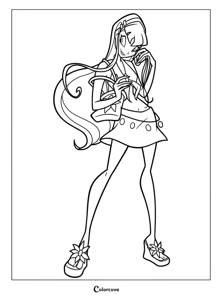 Dibujo para colorear de Stella de la serie animada Winx Club luciendo su icónico atuendo casual de la Temporada 1