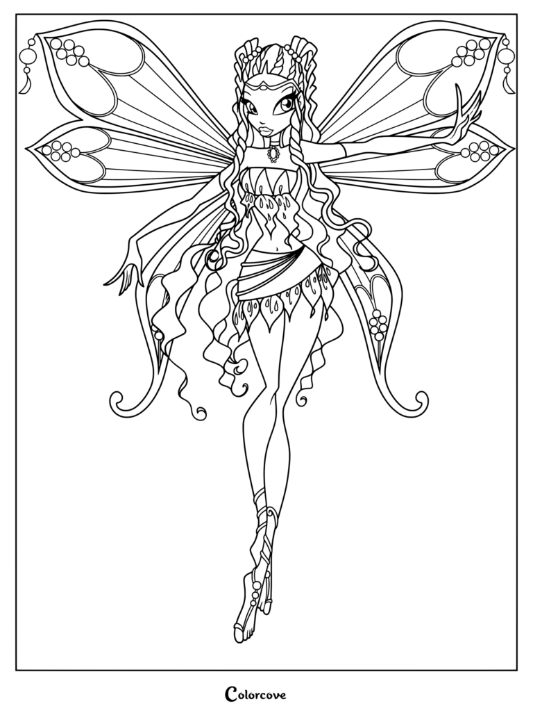 Dibujo para colorear de Aisha (también conocida como Layla) en su diseño conceptual inicial de la forma Enchantix de Winx Club, destacando una paleta de colores azul y amarilla