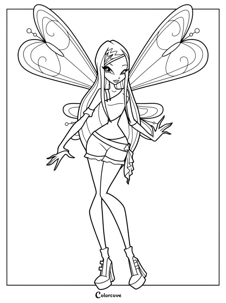 Dibujo para colorear de Roxy Believix de Winx Club, con Roxy luciendo su atuendo de transformación con grandes alas de mariposa