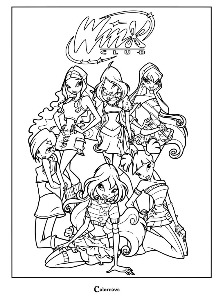 Página para colorear imprimible con las hadas principales de Winx Club vistiendo sus trajes casuales clásicos de las primeras temporadas