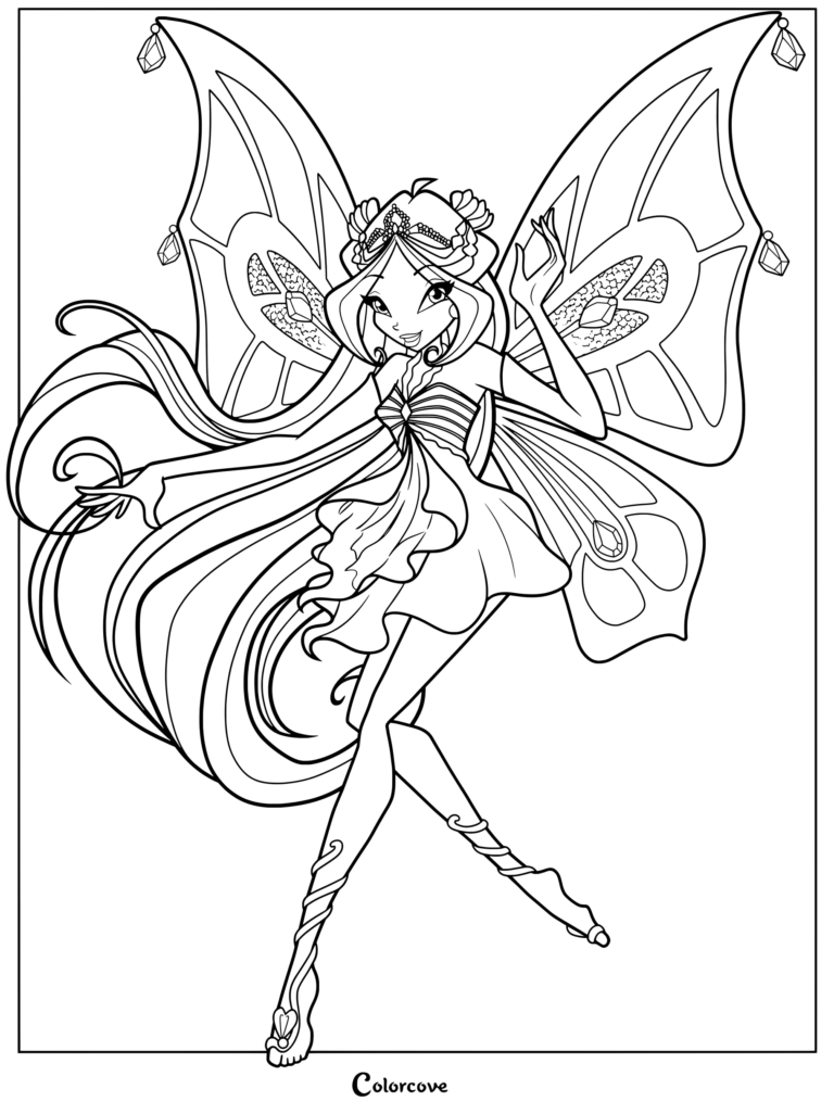 Dibujo para colorear de Flora de Winx Club en su transformación Enchantix de la Temporada 3, con alas de mariposa rosas y verdes, minivestido en capas y sandalias atadas con cintas