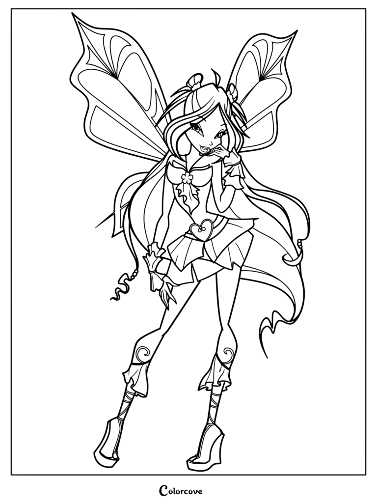 Dibujo para colorear de Flora de Winx Club en su transformación Sophix mostrando su don de la naturaleza con detalladas alas de hada.