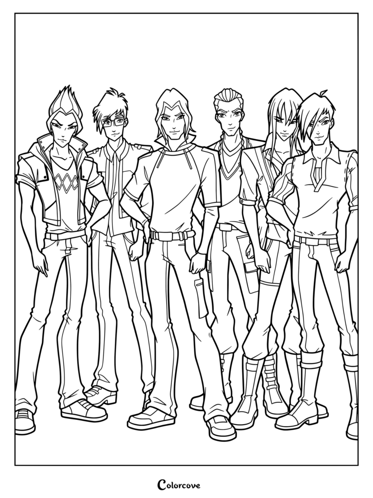 Página para colorear del grupo de Especialistas de Winx Club con Sky, Brandon, Timmy, Riven, Helia y Nabu posando juntos