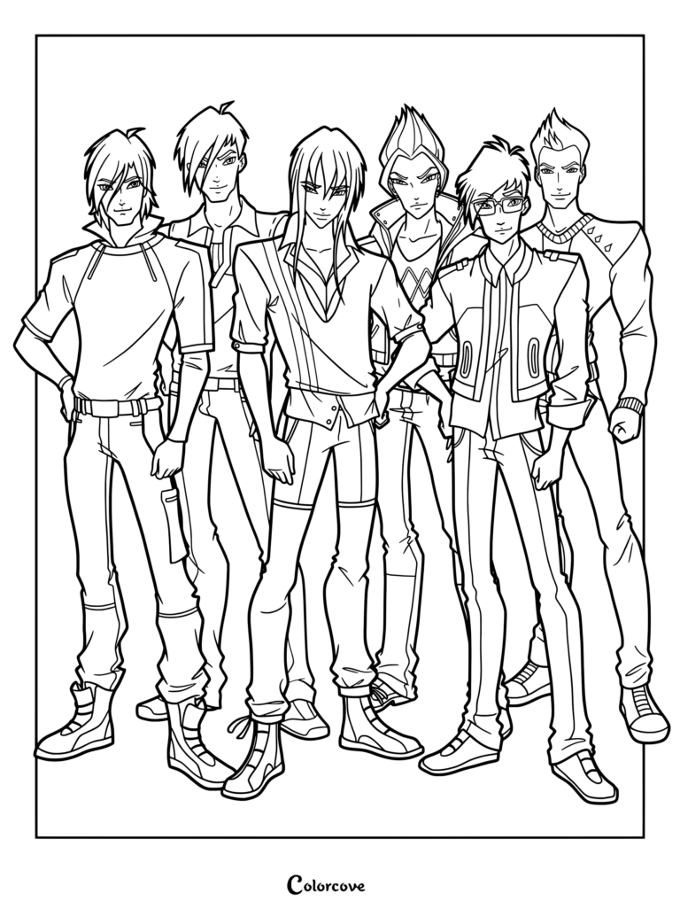 Página para colorear del grupo de Especialistas de Winx Club con Sky, Brandon, Helia, Timmy, Riven y Nabu posando juntos