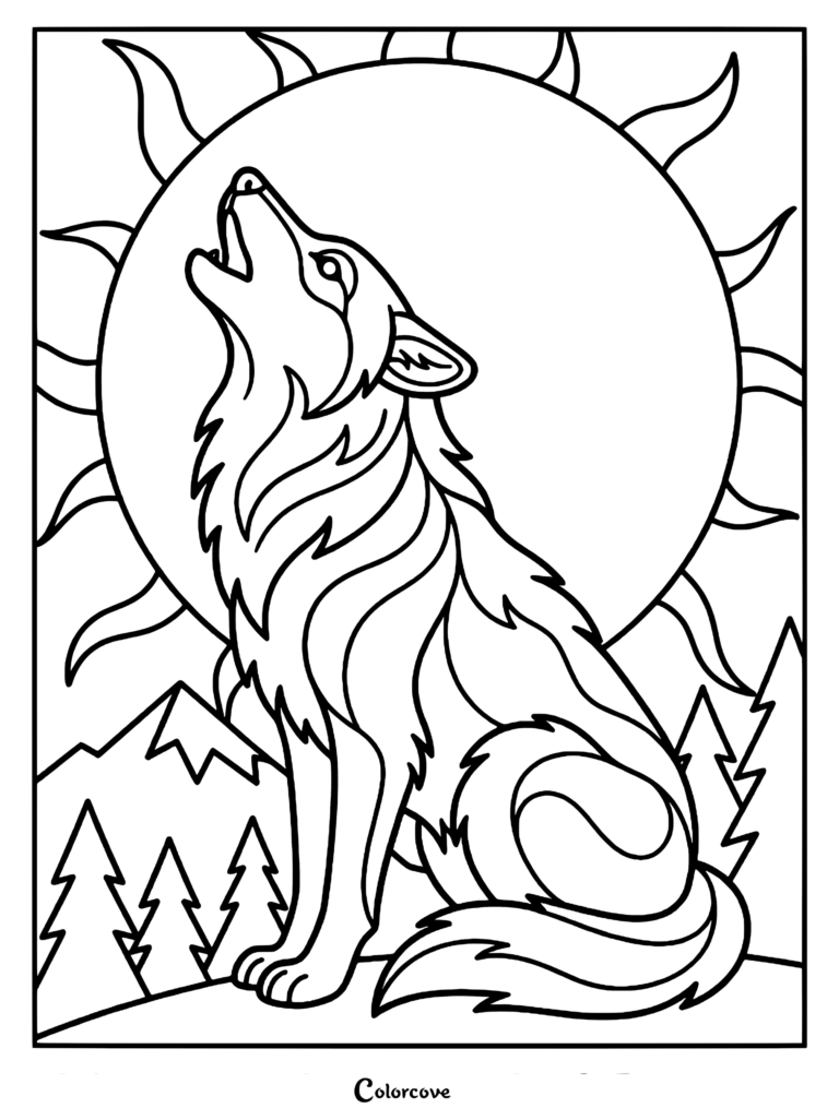 A majestic wolf howling at a large sun with stylized rays, set against a mountain and pine forest background in this printable coloring page.