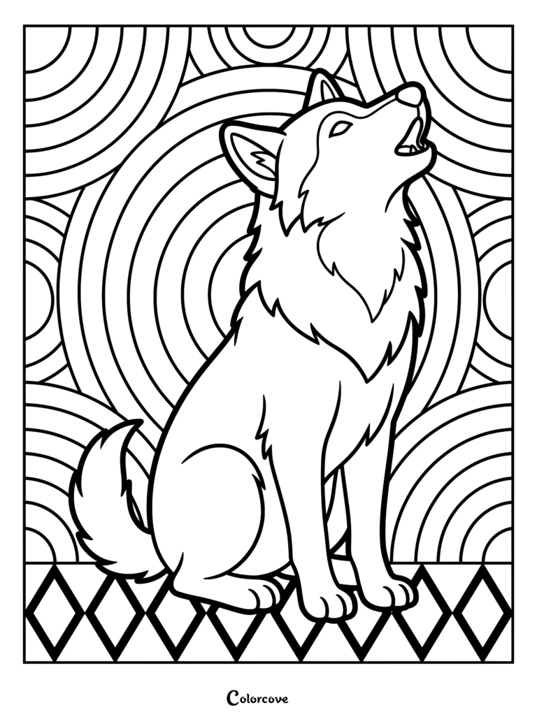 A coloring page featuring a wolf sitting and howling against a background of concentric circles and diamond patterns.