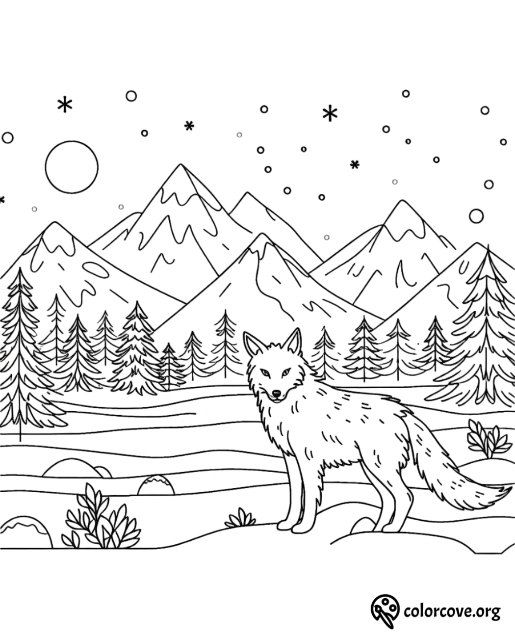 a black and white drawing of a wolf in a snowy landscape