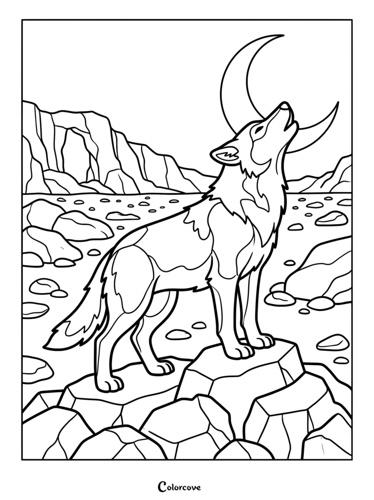A wolf standing on a rocky outcrop howling at a large crescent moon in this printable coloring page.