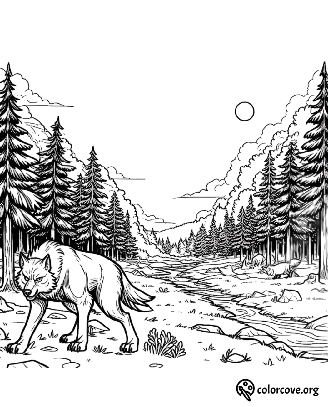 a black and white drawing of a wolf walking through a forest