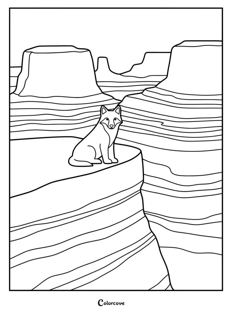 A wolf sitting on the edge of a striped canyon cliff in this printable coloring page.