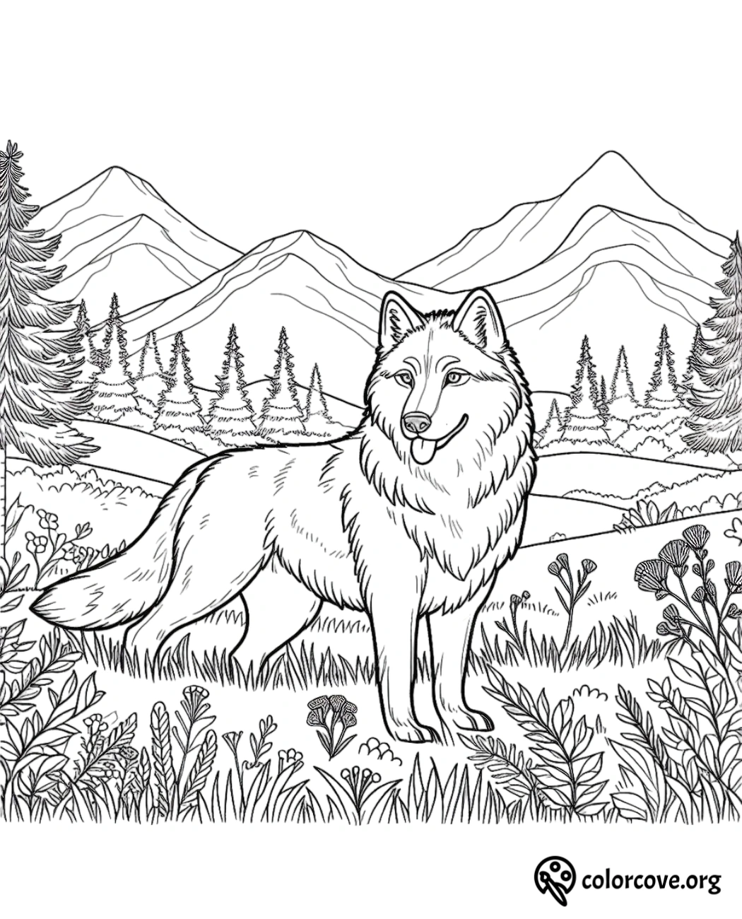 a black and white drawing of a wolf in a forest