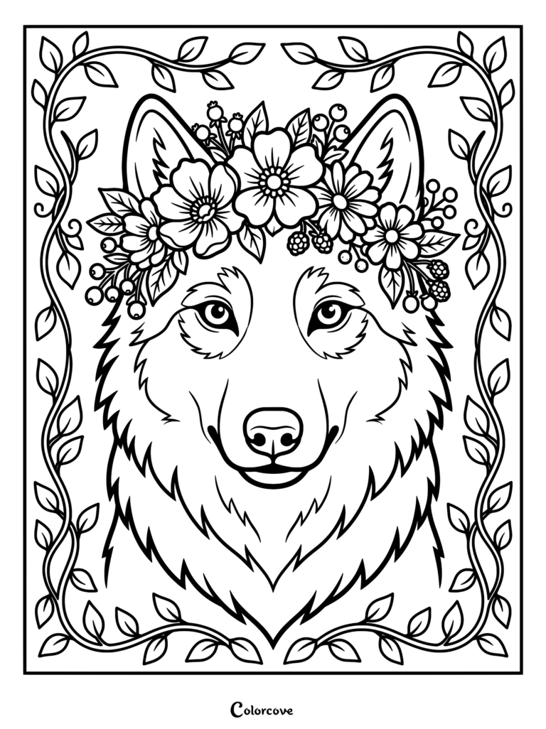 A detailed wolf head portrait wearing a flower crown with berries, framed by a leafy vine border in this printable coloring page.