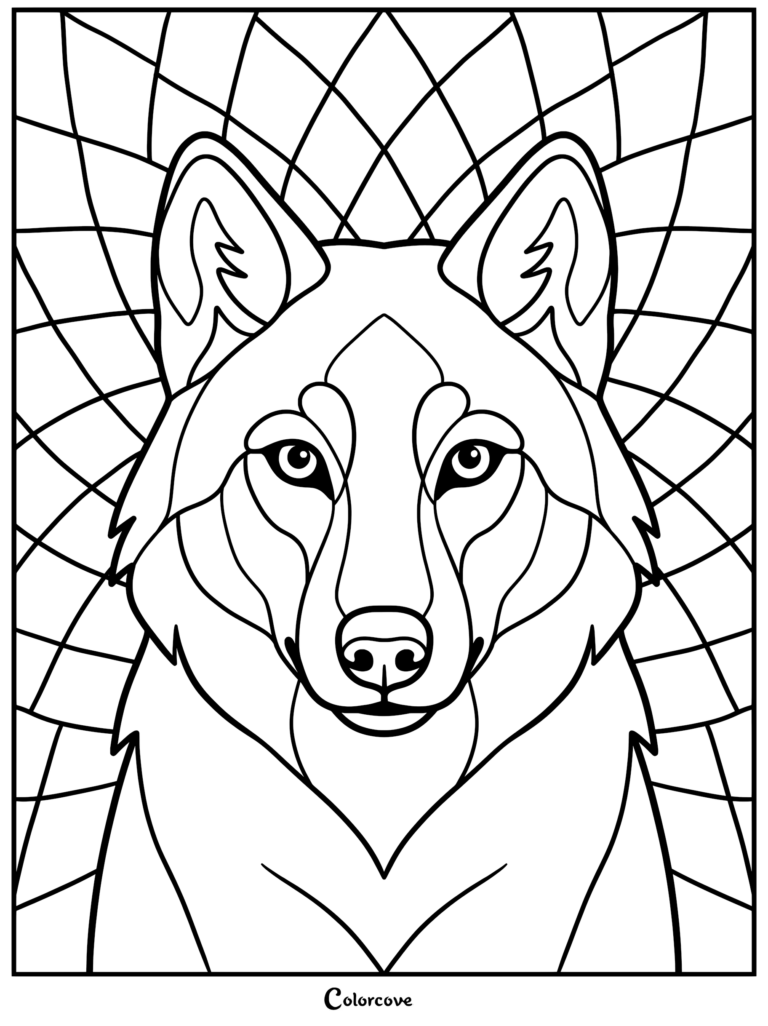 A detailed coloring page featuring a wolf head centered against a geometric grid background.