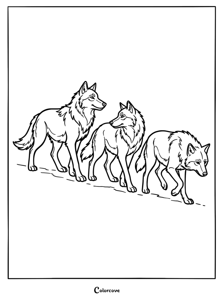 Three wolves walking in a line on a path in this printable coloring page.