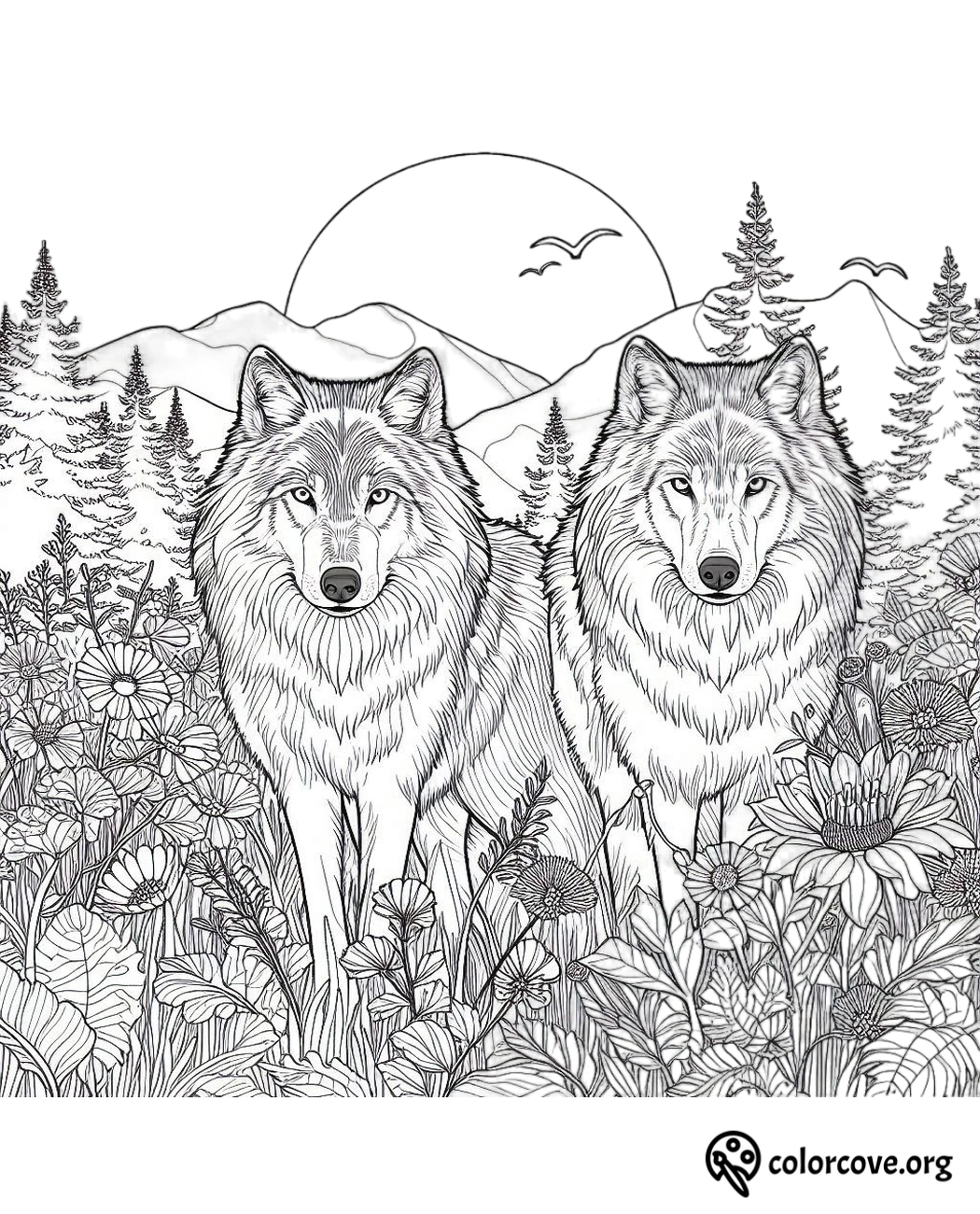 a couple of wolves in a field of flowers