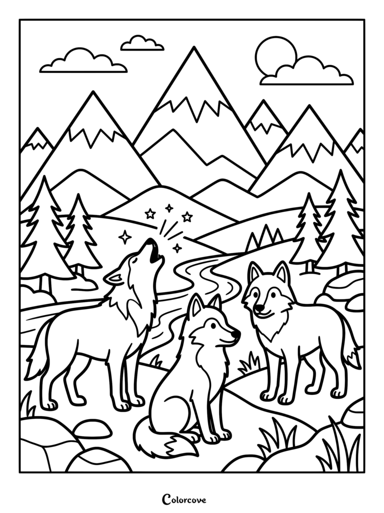 Three wolves in a mountain landscape coloring page featuring one wolf howling at stars, one sitting, and one standing near a river.