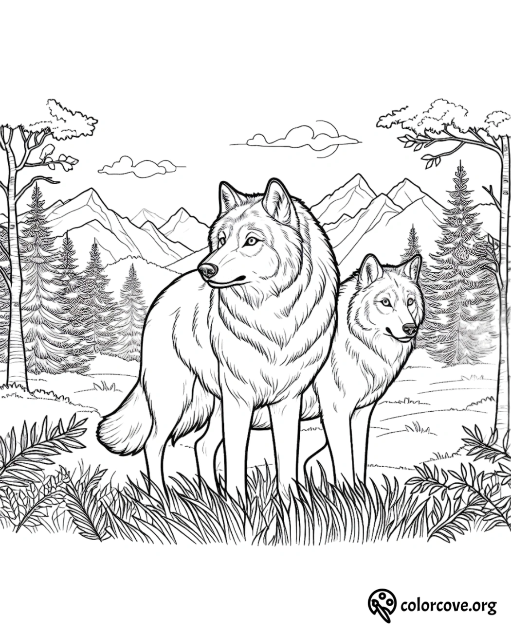 a black and white drawing of two wolves