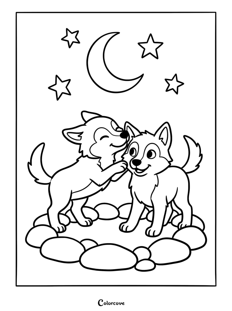 Two cute wolf pups playing together on a stone circle under a crescent moon and stars coloring page