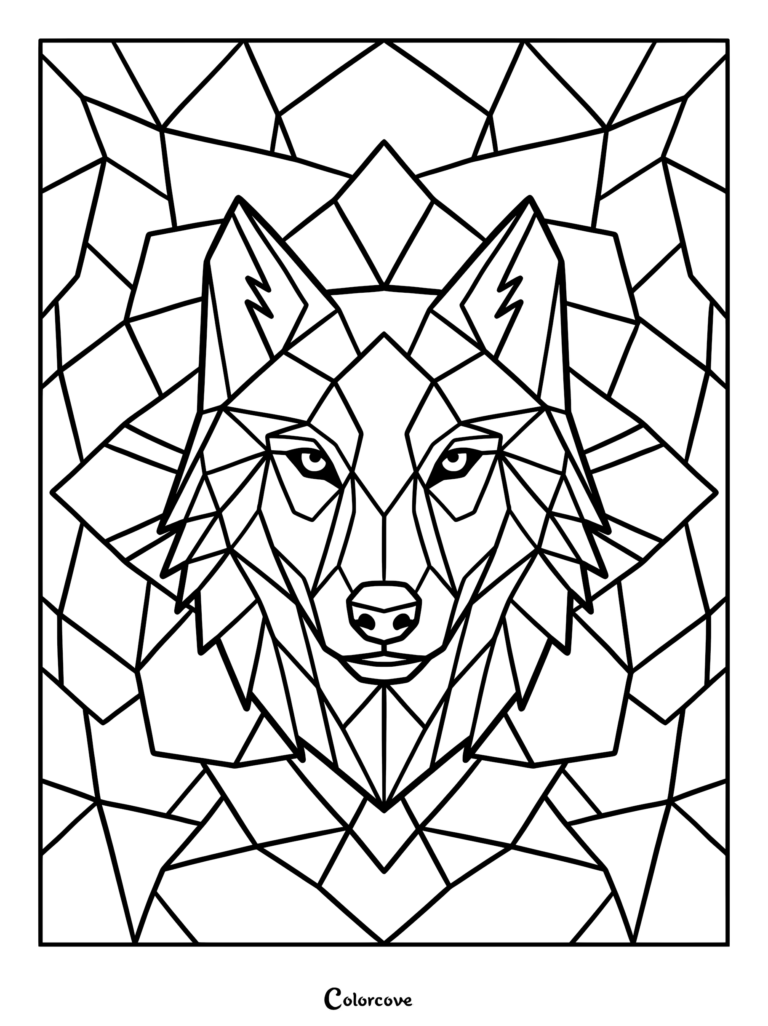 A geometric wolf head coloring page featuring sharp triangular shapes and bold lines in a stained glass style.