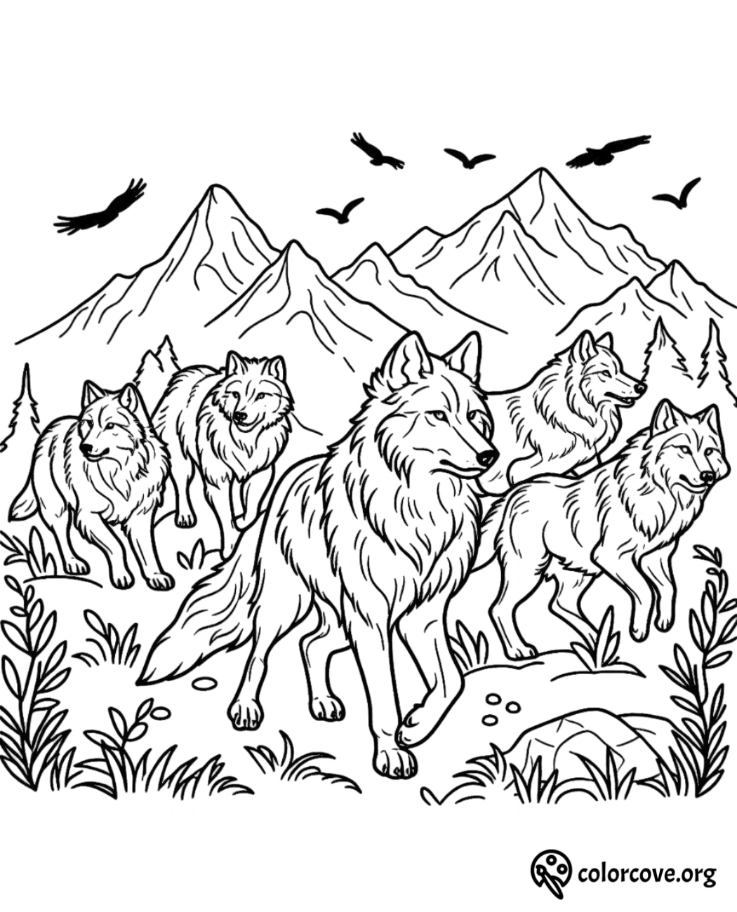 a group of wolves running in a forest