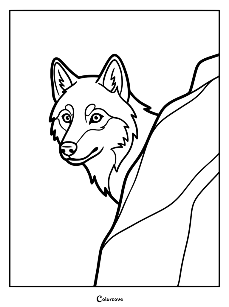 A simple line art coloring page featuring a curious wolf peeking out from behind a large rock formation.