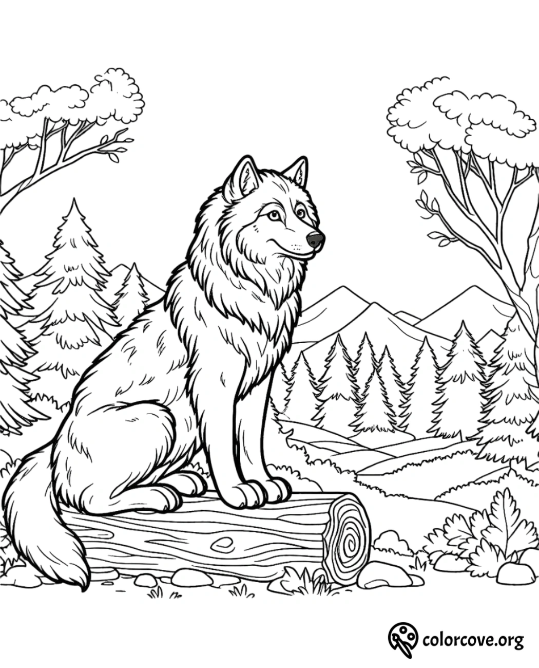 a coloring page of a wolf sitting on a log