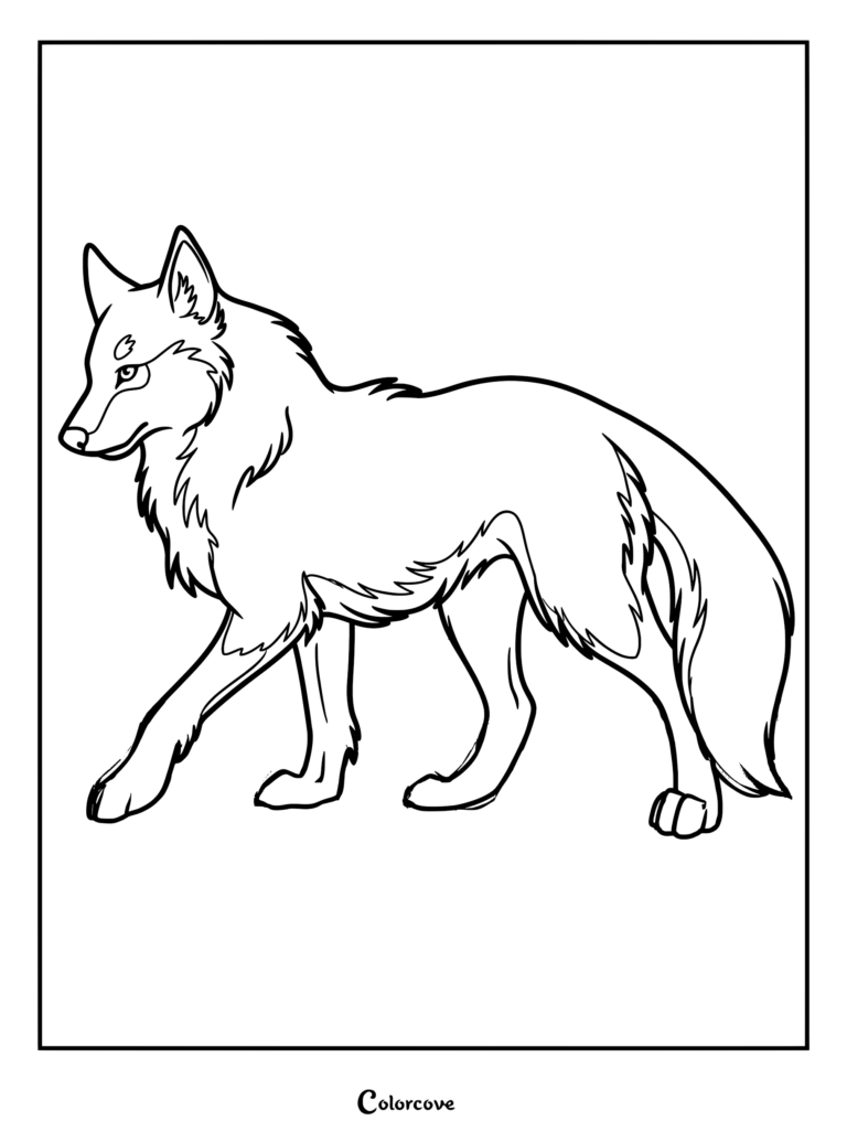 A side profile line art coloring page of a wolf walking with thick fur and pointed ears.
