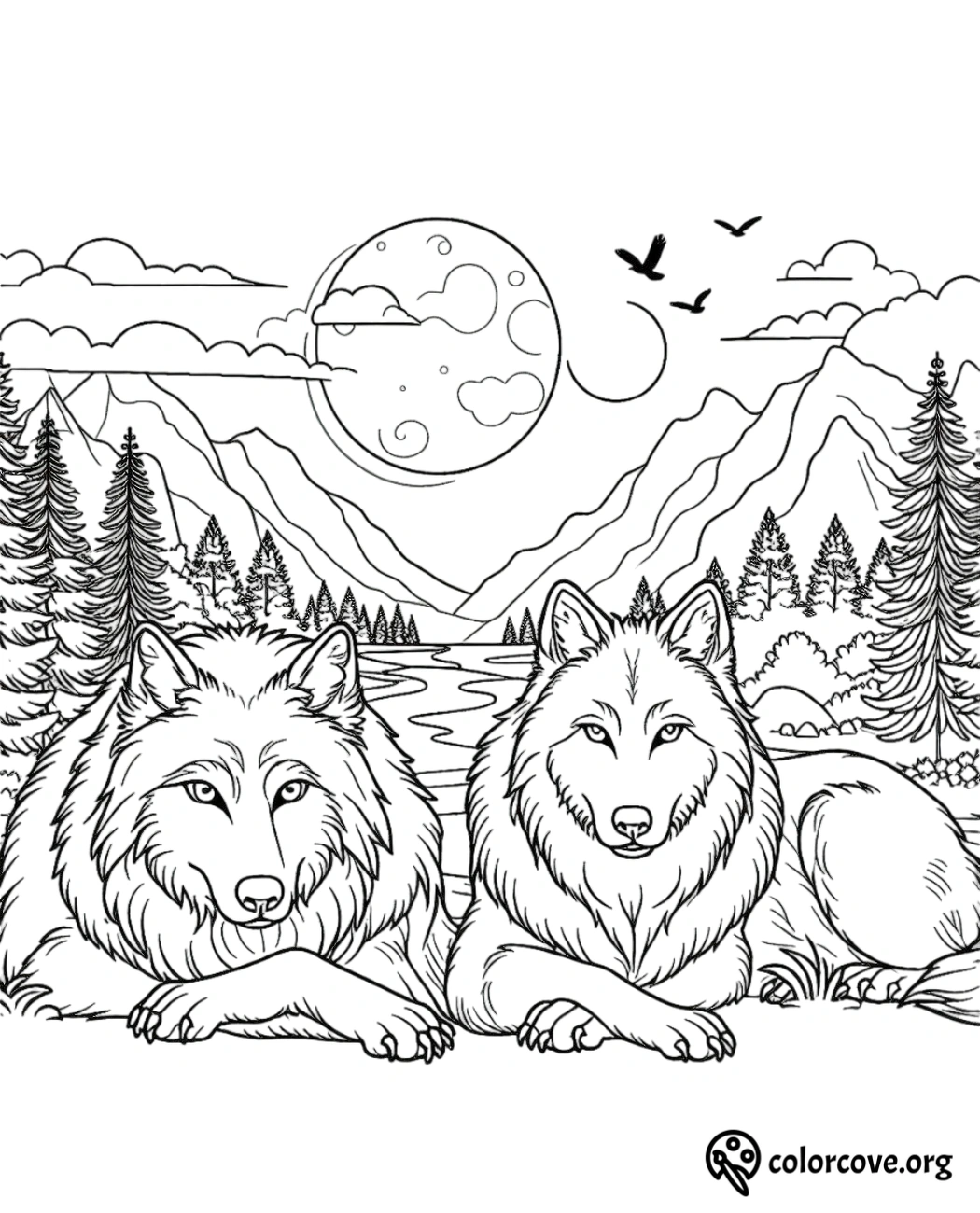 a black and white drawing of two wolves lying down