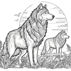 a black and white drawing of a wolf and a wolf in a field