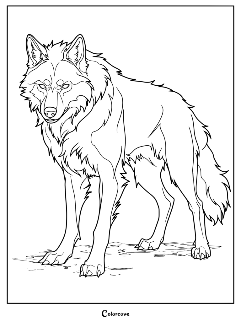 A detailed coloring page of a majestic wolf standing in profile with thick fur and alert eyes.