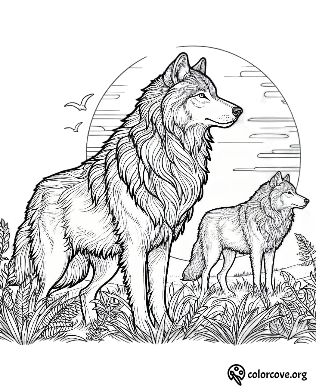 a black and white drawing of a wolf and a wolf in a field