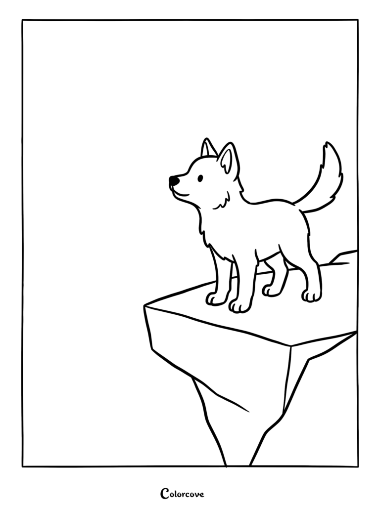 A simple coloring page featuring a small, cute wolf pup standing on the edge of a rocky cliff looking into the distance.